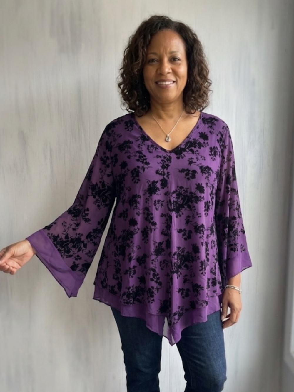 Lotusmile Purple and Black Crushed Velvet Floral Whimsigoth Top Size XL